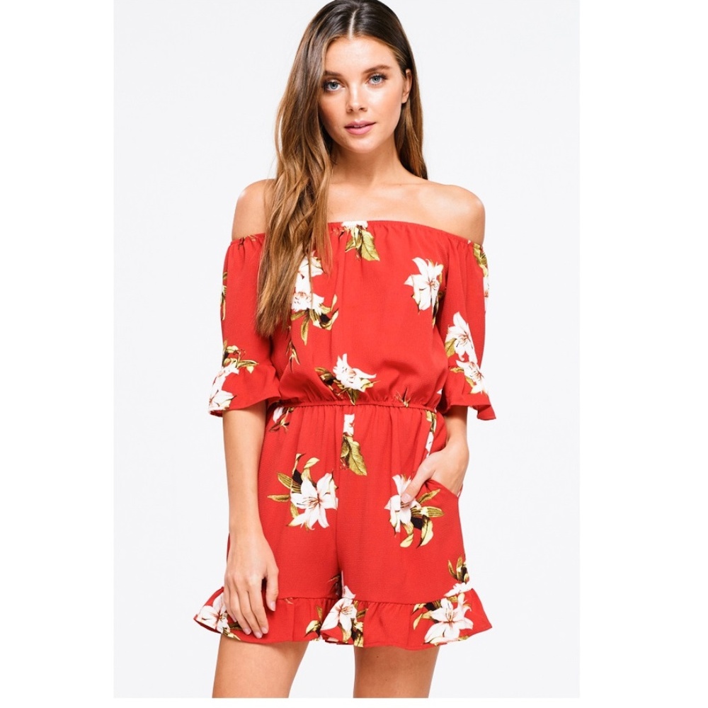 NWT Red Floral Off-the-Shoulder Romper - Picture 2 of 8